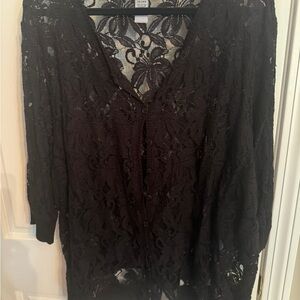 Catherines Black Button Up V-Neck Lace Sheer Sweater